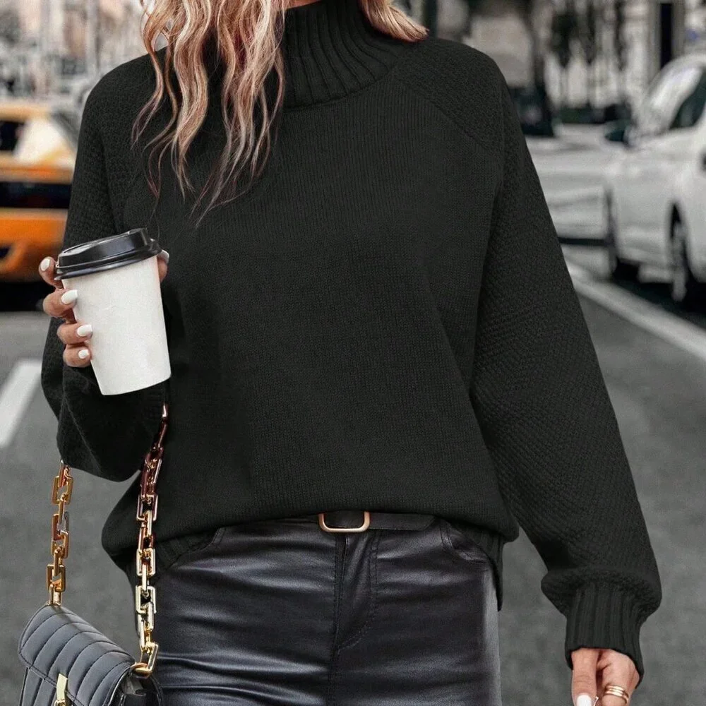 Black Casual Women's Turtleneck Raglan Sleeve Sweater